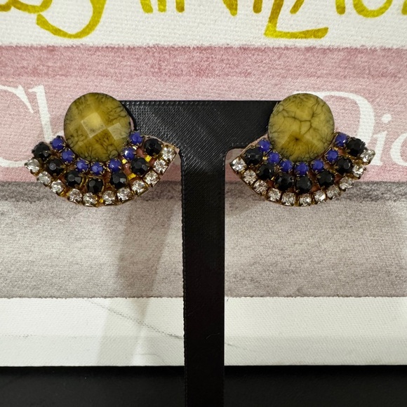 Handmade Gemstone Fan Earrings Green Stone Crystal Rhinestone Statement Studs - Picture 1 of 4